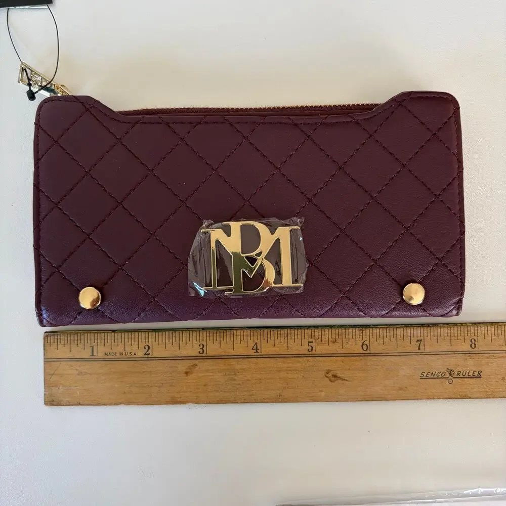 Badgley Mischka Long Card Wallet‎ Quilted Plum Gold BM Logo NWT Old Money Glam